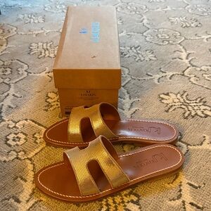 K.Jacques Metallic Gold and Tan Sandals